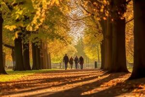 gens en marchant par une parc orné avec l'automne couleurs, avec feuilles doucement chute dans le chaud lumière du soleil. génératif ai photo