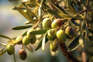 Olives et olive arbre branche dans l'automne agricole nourriture Contexte concept. génératif ai photo