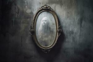 une captivant image dépeindre le apparition de une fantomatique visage émergente de un antique miroir, symbolisant piégé esprits et hanté artefacts. génératif ai photo