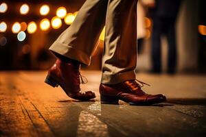 se concentrer sur le pieds de une couple dansant, mise en évidence leur synchronisé mouvements et le lien entre la musique et danse. génératif ai photo