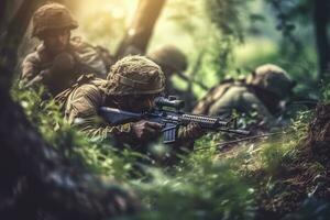 capturer soldats prise couverture et de retour Feu pendant un intense combat situation, représentant le danger et adrénaline de le champ de bataille. génératif ai photo