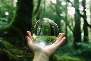 en portant une cristal Balle dans main, floue vert forêt dans Contexte. génératif ai photo