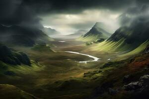mystique paysage de le Écossais hauts plateaux, avec roulant collines, couvert de brume montagnes, et une sens de ancien la magie et mystère. génératif ai photo