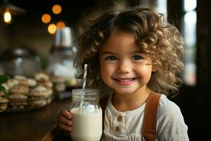 une fermer coup capturer le peu les filles visage avec une espiègle Lait moustache, mettant en valeur le amusement et innocence de enfance. génératif ai photo