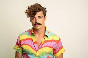 Jeune homme 18-20 ans vieux, avec Couleur chemise et moustache posant dans studio. génératif ai photo