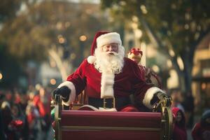 vacances parade avec Père Noël claus équitation dans une flotter, diffusion acclamation à le foule. génératif ai photo