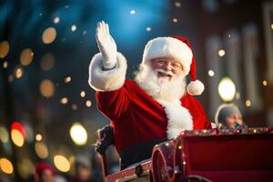 vacances parade avec Père Noël claus équitation dans une flotter, diffusion acclamation à le foule. génératif ai photo