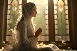 une musulman femme engagé dans prière et réflexion, capturer le spirituel aspect cette détient importance dans sa du quotidien vie. génératif ai photo