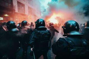 police disperser déchirer gaz parmi une foule de des manifestants, mettant en valeur le le chaos et émotif la tourmente. génératif ai photo