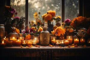 une magnifiquement décoré ofrenda orné avec souci fleurs, sucre crânes, bougies, et encens. le ofrenda aurait être le dévoué à honorer décédé aimé ceux. génératif ai photo