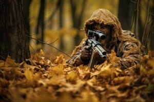 bien caché tireur d'élite, camouflé dans l'automne feuillage, démontrant le compétence de mélange dans le environnement. génératif ai photo