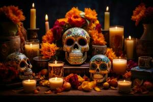 une magnifiquement décoré ofrenda orné avec souci fleurs, sucre crânes, bougies, et encens. le ofrenda aurait être le dévoué à honorer décédé aimé ceux. génératif ai photo