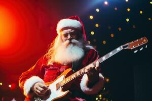 Père Noël claus sur étape avec Roche guitare à Noël faire la fête. génératif ai photo