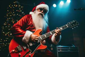 Père Noël claus sur étape avec Roche guitare à Noël faire la fête. génératif ai photo