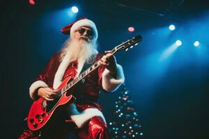 Père Noël claus sur étape avec Roche guitare à Noël faire la fête. génératif ai photo