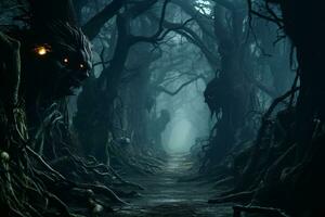 illustration de une brumeux forêt chemin avec noueux des arbres et embrasé yeux peering de le obscurité, évoquant une colonne vertébrale - effrayant périple dans le inconnu.génératif ai photo