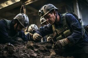 une très qualifié Urbain chercher et porter secours équipe portant protecteur équipement comme elles ou ils délicatement extrait une survivant de le décombres de une s'est effondré bâtiment. photo