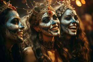 une groupe de copains dans Créatif et effrayant costumes, en riant et posant pour une photo à une Halloween faire la fête, capturer le amusement et excitation de le vacances. génératif ai