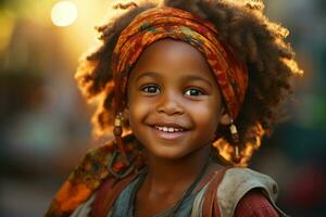 une fermer coup de une Jeune africain enfant avec une radiant sourire et frisé cheveux. génératif ai photo