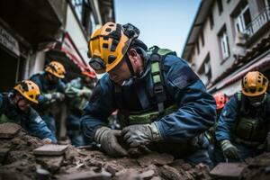 une très qualifié Urbain chercher et porter secours équipe portant protecteur équipement comme elles ou ils délicatement extrait une survivant de le décombres de une s'est effondré bâtiment. photo