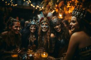 une groupe de copains dans Créatif et effrayant costumes, en riant et posant pour une photo à une Halloween faire la fête, capturer le amusement et excitation de le vacances. génératif ai