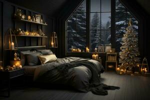 une serein noir minimal chambre avec or vacances décor, avec une confortable lit avec de fête oreillers et couvertures pour une paisible Noël veille. génératif ai photo