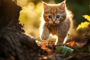 espiègle chaton ébats parmi le déchue feuilles. ses vibrant Orange fourrure des stands en dehors contre le alentours Naturel éléments, ajouter une capricieux toucher à le scène. génératif ai photo