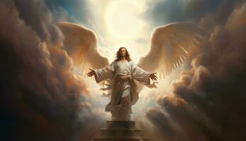 abstrait peindre de Jésus du christ figure en hausse de le tombeau, entouré par lumineux des nuages, comme faisceau doucement guider lui vers le cieux avec tendu bras. photo