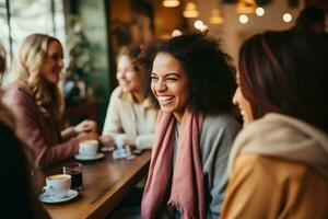 une Multi-éthnique groupe de femmes en riant ensemble comme elles ou ils partager histoires pendant une confortable café magasin se rencontrer. Capturer le authentique joie et camaraderie dans leur expressions. génératif ai photo