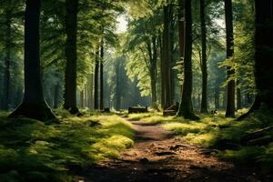 une forêt de des arbres baigné dans lumière du soleil. génératif ai photo