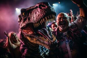 dinosaures dans une animé Danse faire la fête, attirant à plus jeune public et enflammer leur imagination. génératif ai photo