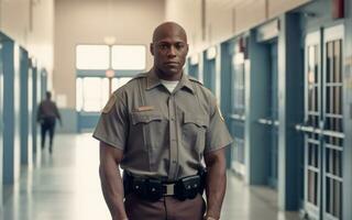 un image avec une correctionnel officier dans uniforme, patrouiller ou interagir avec les détenus, mise en évidence leur rôle dans maintenir commande et Sécurité dans le prison. génératif ai photo