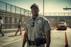 un image avec une correctionnel officier dans uniforme, patrouiller ou interagir avec les détenus, mise en évidence leur rôle dans maintenir commande et Sécurité dans le prison. génératif ai photo