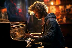 Jeune musicien jouer piano sur le organiser. génératif ai photo