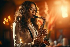 Jeune musicien jouer saxophone sur étape . génératif ai photo