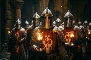 une groupe de chevaliers templier dans leur distinctif blanc manteaux, permanent uni et prêt à défendre leur idéaux. génératif ai photo