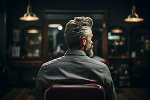 retour vue de Jeune grisonnant homme dans une salon de coiffure. concept beauté et se soucier pour Hommes. génératif ai photo