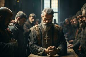 image dépeindre une solennel moment comme une Chevalier prend le sien serment, mise en évidence le des principes de chevalerie et honneur embrassé par le templiers. génératif ai photo