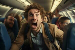 nerveux la personne peur sur avion. panique attaque et aérophobie. génératif ai photo