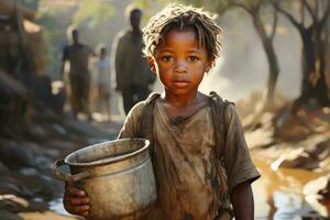 représentant une africain enfant porter une seau de nettoyer l'eau de une nouvellement installée Bien, illustrant le impact de accès à de base nécessités. génératif ai photo