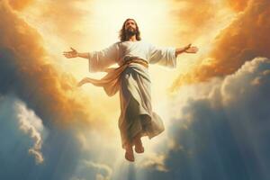 Jésus Christ monte à paradis illuminé par une faisceau de lumière dans une ciel avec pastel coloré des nuages. génératif ai photo