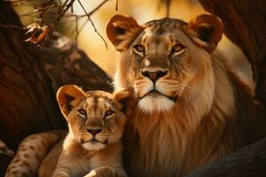 une femelle Lion avec sa fils repos dans une arbre. génératif ai photo