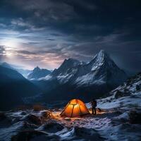 scénique vue de illuminé tente sur neigeux montagnes. génératif ai photo