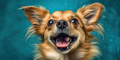 chien portrait sur une minimal bleu Contexte pour bannières ai génératif photo