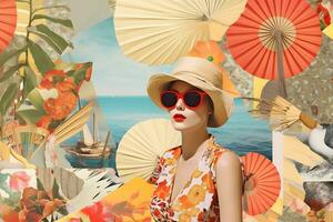 une femme dans une chapeau et des lunettes de soleil est entouré par coloré parapluies. génératif ai photo