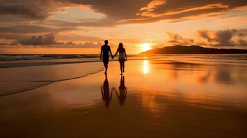 couple en marchant sur le plage à le coucher du soleil. génératif ai photo