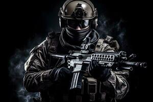 une soldat dans camouflage équipement en portant un agression fusil. génératif ai photo