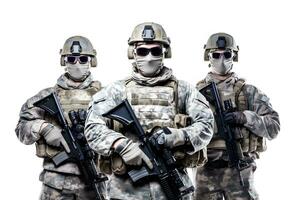 Trois soldats dans camouflage équipement avec des fusils. génératif ai photo