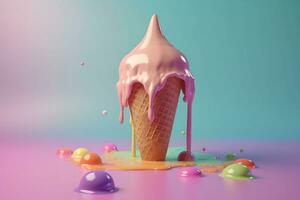 un la glace crème cône avec une égouttage liquide sur une coloré Contexte. génératif ai photo