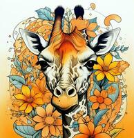une girafe avec fleurs et feuilles sur un Orange Contexte. génératif ai photo